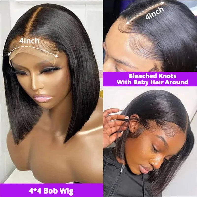 13x4 Lace Front Bob Wig Human Hair 200 Density Brazilian Virgin Straight Hair Wig Pre-Plucked Natural Black