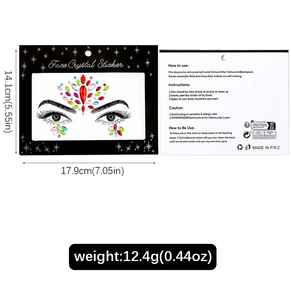 5Pcs 3D Random Face Diamond Tattoos Stickers Colorful Glitter Crystal Gem Sticker for Party Makeup Body Jewel Tattoo Decorations