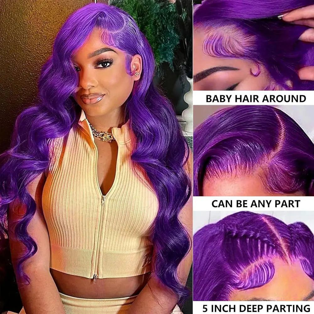 Premium Dark Purple Body Wave Wig - 13x4 HD Lace Front Human Hair Wig 200% Density Brazilian Remy Hair