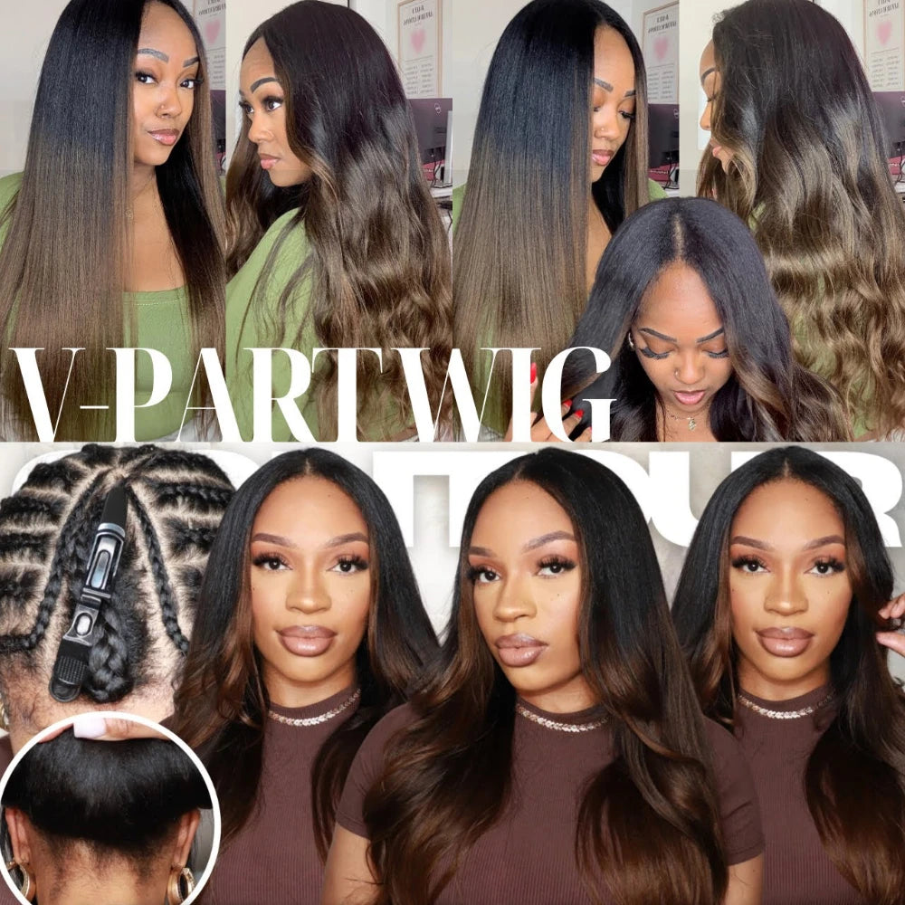 UNice Hair EasiContour V Part Wig 100% Human Hair Yaki Straight Wig With Invisible Drawstring Most Natural Upgraded V-Part Wig