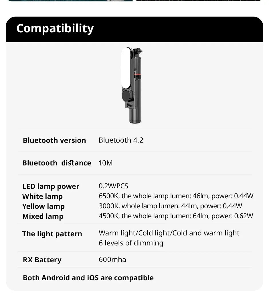 Wireless Bluetooth Selfie Stick Foldable Portable Tripods with Fill Light Shutter Remote Control For Smartphone Video Recording