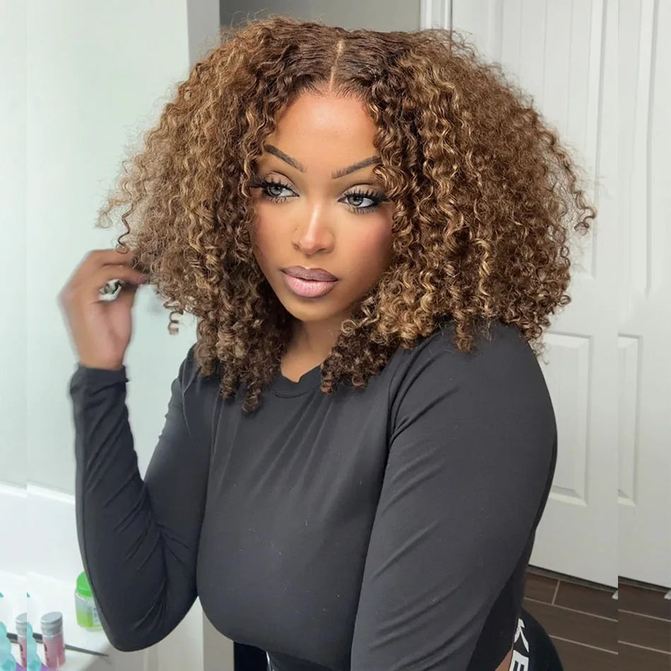 Premium 10A 6x5 Glueless Lace Human Hair Wigs Ready To Wear And Go Short Curly Ombre Highlights Brown Blonde Ginger Colored Wigs