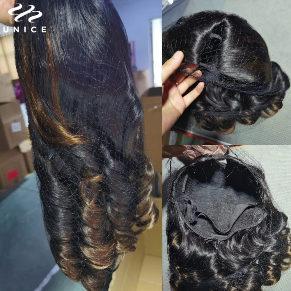 UNICE Chestnut Brown Body Wave V Part Wig 100% Human Hair Wig With Elastic Drawstring Cap Fit Small Cap Big Cap 150% Density