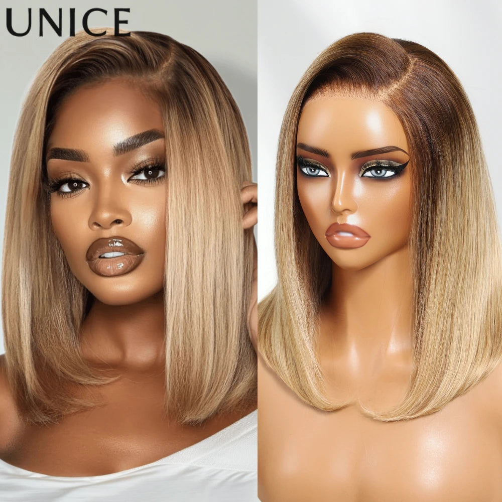 Unice Hair 7x5 Lace Blonde Straight Bob Wig Human Hair With Brown Roots Pre Cut Pre Bleached Glueless Wig Human Hair