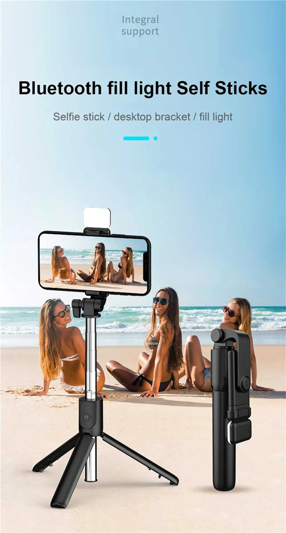 Wireless Selfie Stick Phone Holder Retractable Multifunctional 74cm Mini Tripod With LED Selfie Light & Bluetooth Remote Shutter