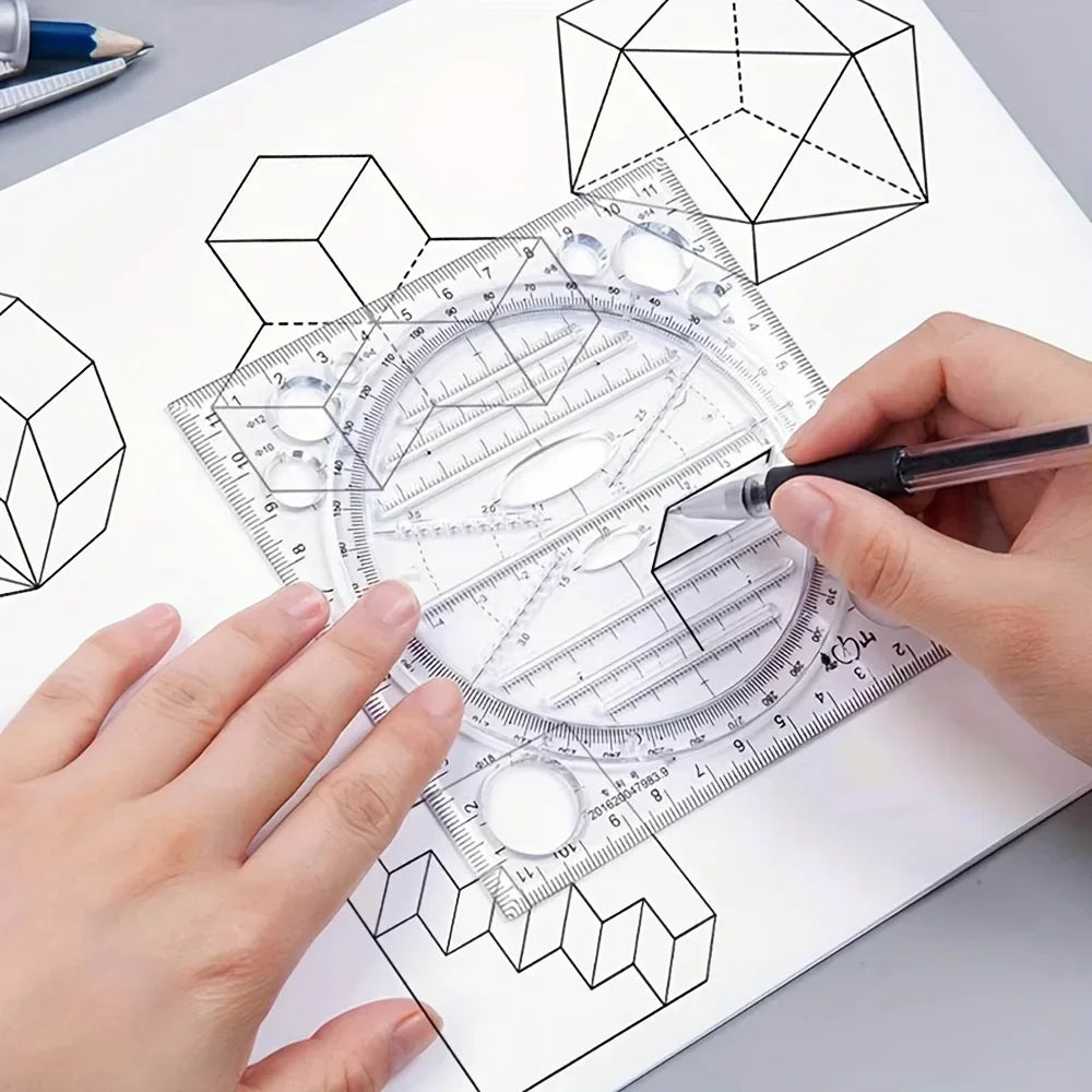 1pc/2pcs Multifunctional Rotatable Drawing Template Geometric Measuring Tool for Painting and Art Design, Office & Student Use