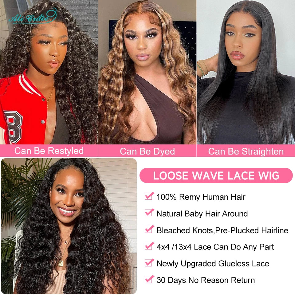 Ali Grace Loose Deep Wave Lace Front Human Hair Wig Transparent 13x4 Lace Frontal Wig Pre Plucked Glueless Wigs For Women