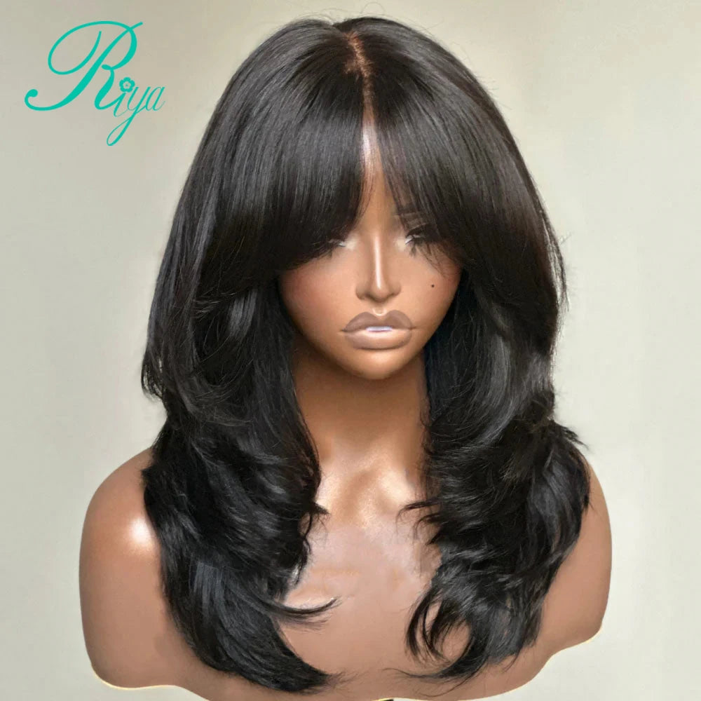 Glueless Invisible Strap Snug Fit 360 Full Lace Human Hair Wigs 7x5 Lace Closure Wig 250% Inspired Layers With Curtain Bang Wig