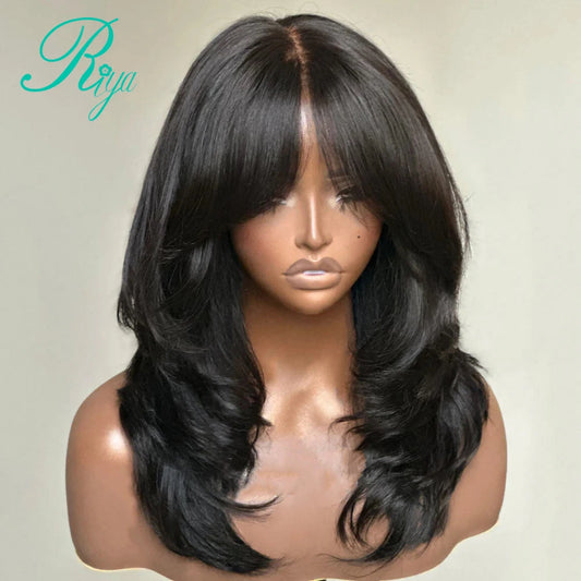 Glueless Invisible Strap Snug Fit 360 Full Lace Human Hair Wigs 7x5 Lace Closure Wig 250% Inspired Layers With Curtain Bang Wig