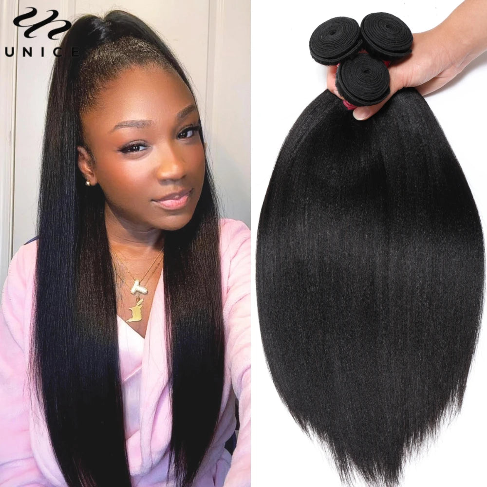 UNICE Hair Yaki Straight Human Hair Bundles With Closure Deal 2/3/4 PCS Bundles Hair And 1PC Free Part 4x4 Inch Lace Closure