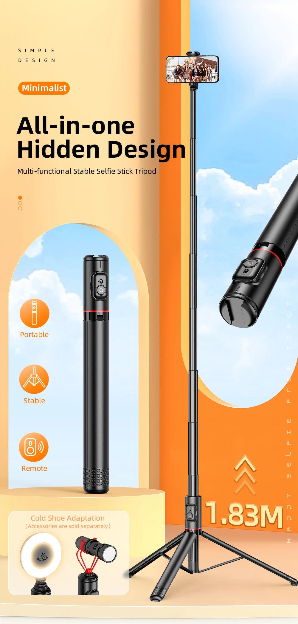 Wireless Selfie Stick Tripod for Smartphone, Aluminum Alloy 72 inch Selfie Stick Portable for iPhone 13 14 pro max Android Phone