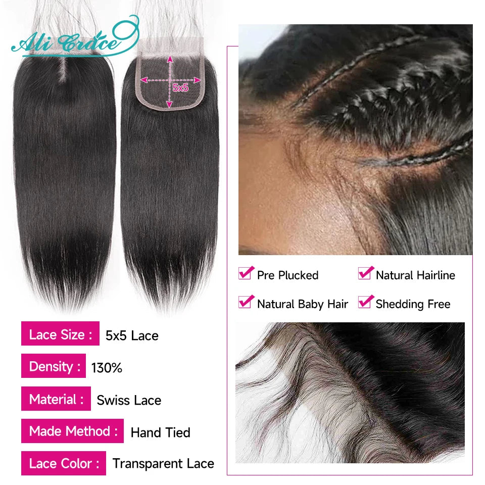Ali Grace 5x5 Closure With Bundles Straight Hair 3 Bundle With Closure Brazilian Human Hair Weave Transparent Lace Closure 30 32