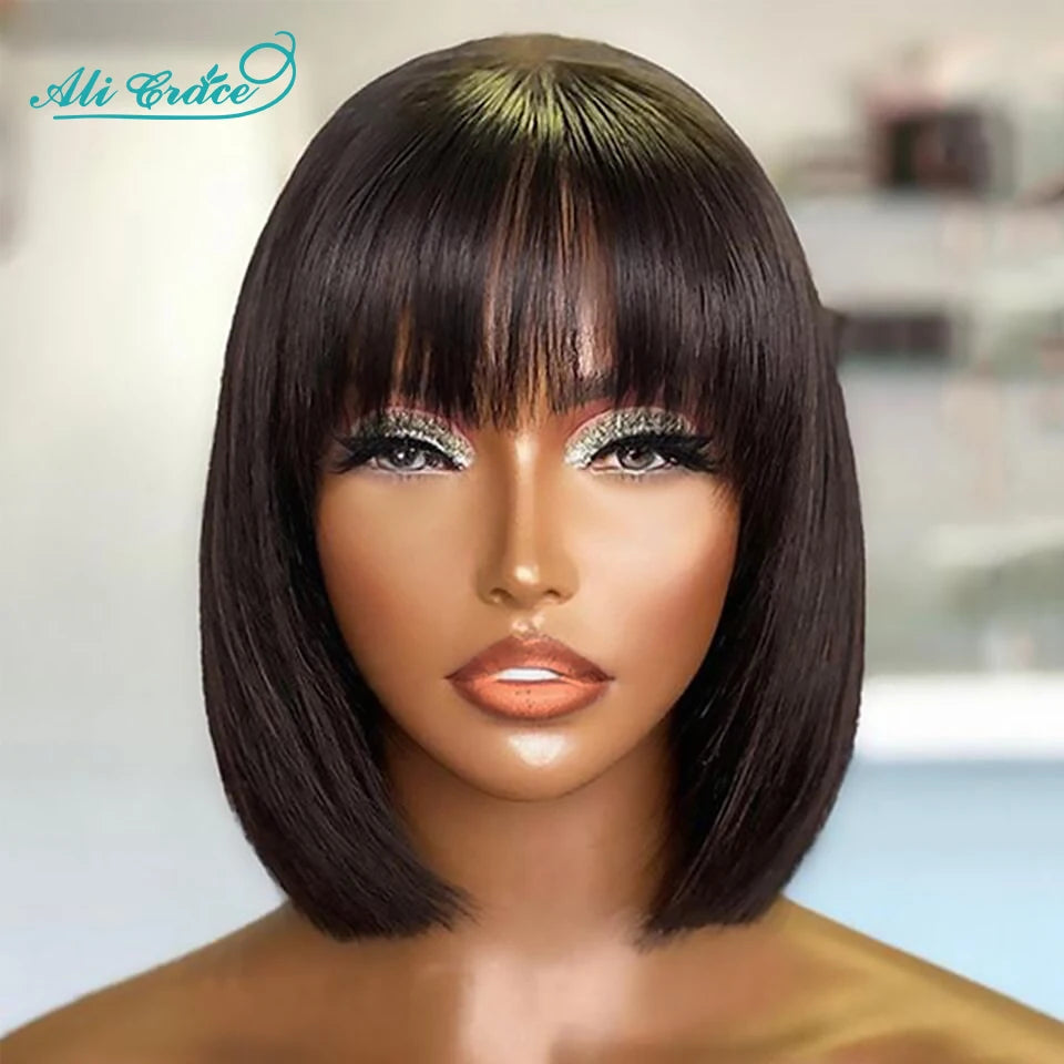 Ali Grace Brazilian Straight Bob Wig With Bangs Machine Made Wig Natural Color Human Hair Wigs Short Bob Fringe Wigs For Women