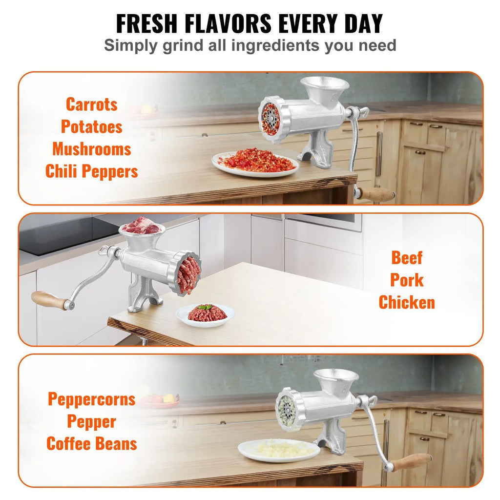 Heavy Duty Manual Meat Grinder Sausage Maker Cast Iron Hand Grinder Steel Table Clamp 1 Cutting Blade 2 Cutting Plates 3 Sausage