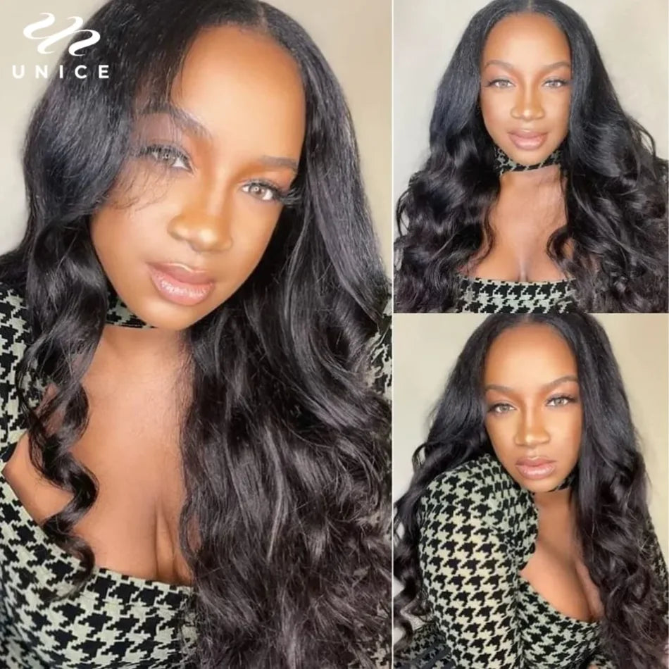 UNice Hair Drawstring Body Wave V Part Wig Natural Color 100% Human Hair Wigs Clip In V-Part Wig Mini Leave Out 150% Density