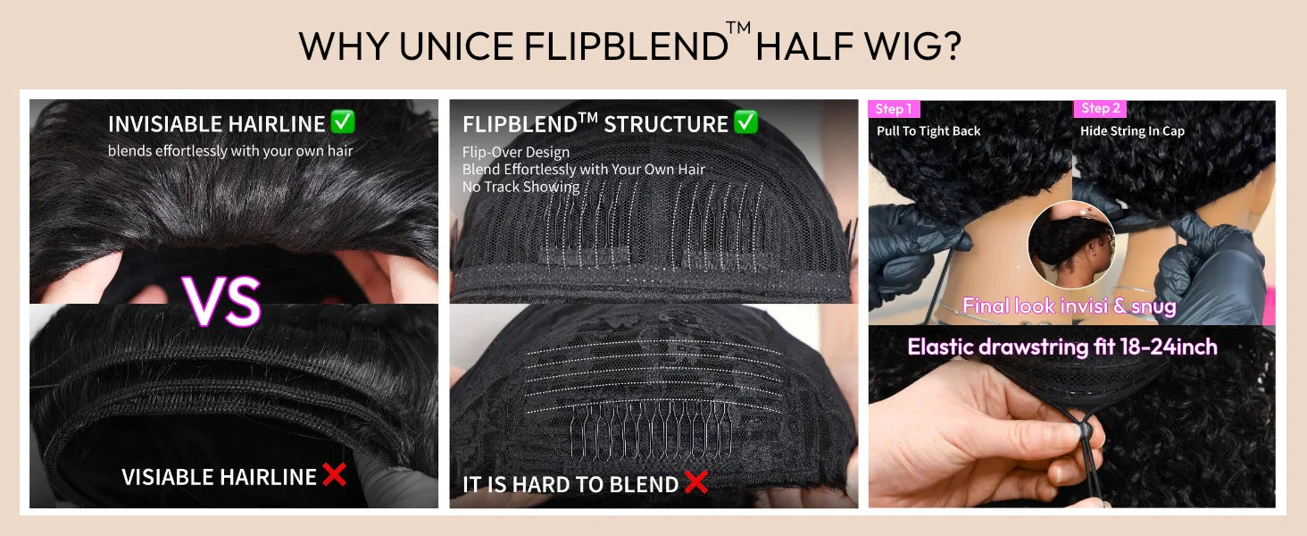 UNICE Hair Drawstring Kinky Curly Half Wig With 4C Edges Hairline Seamless Flip Over Human Hair Wig Beginner Friendly