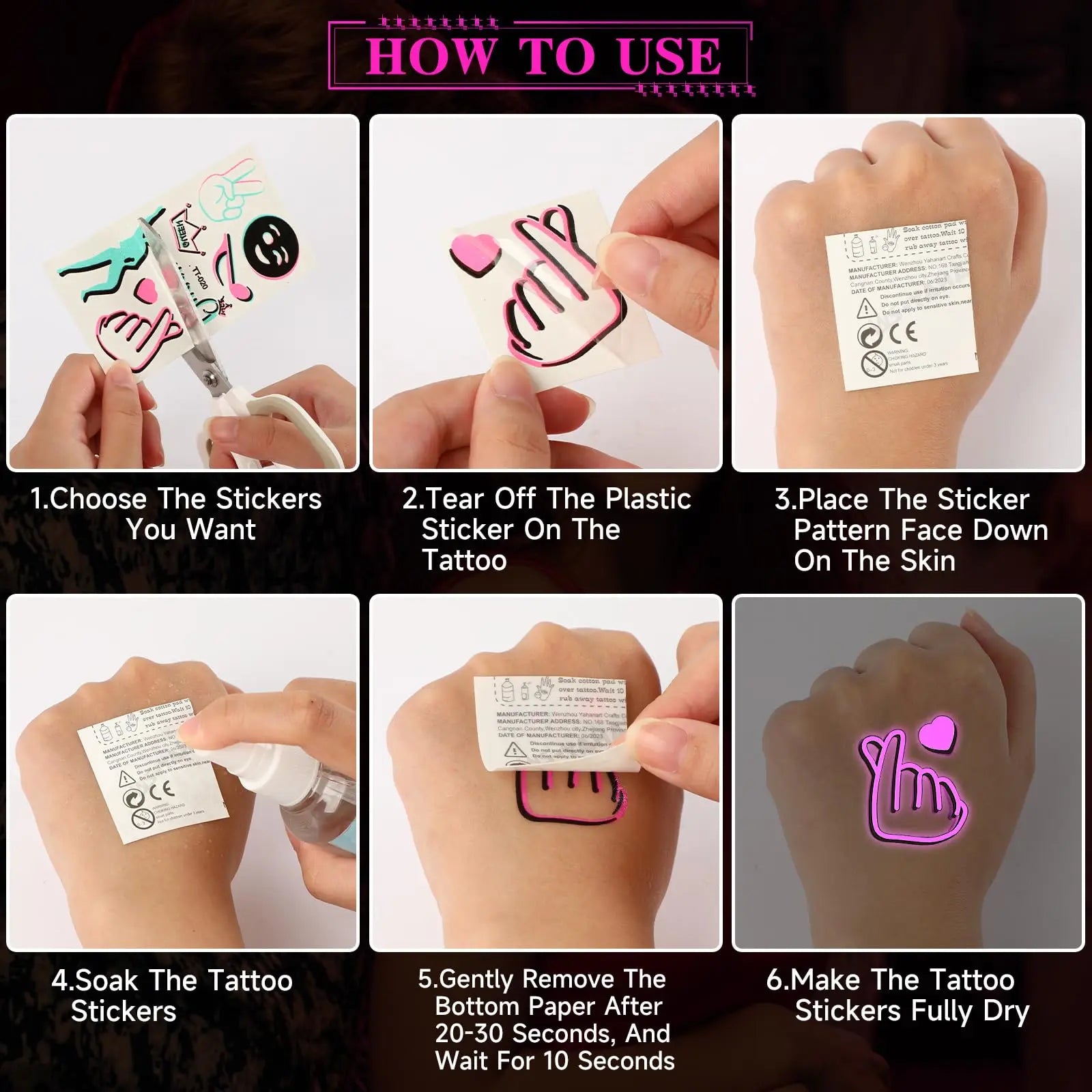 10 Sheet Glow in the Dark Music Temporary Tattoos Stickers with Luminous Neon Pink Blue Music Crown Note Disco party Accessory
