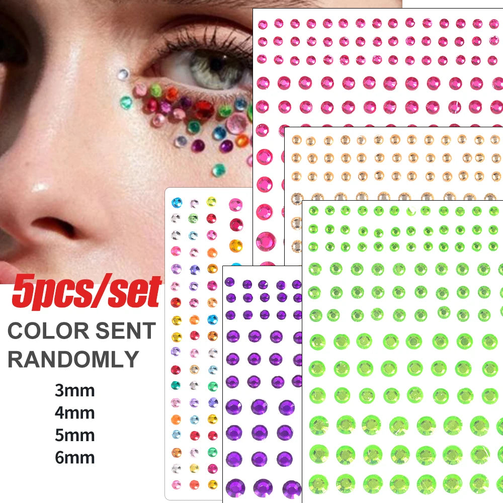 5Pcs/lot Mixed Shinying Girl Nail Glitter Face Stickers Rhinestone 3D Colorful Random Nail Face Crystal DIY Makeup Face/Body Dia