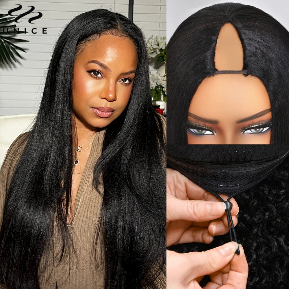 UNice Hair Natural Color Yaki Straight Human Hair Wig Pre Cut Pre Bleached 7x5 Lace Glueless Wig & V Part Wig 150% Density