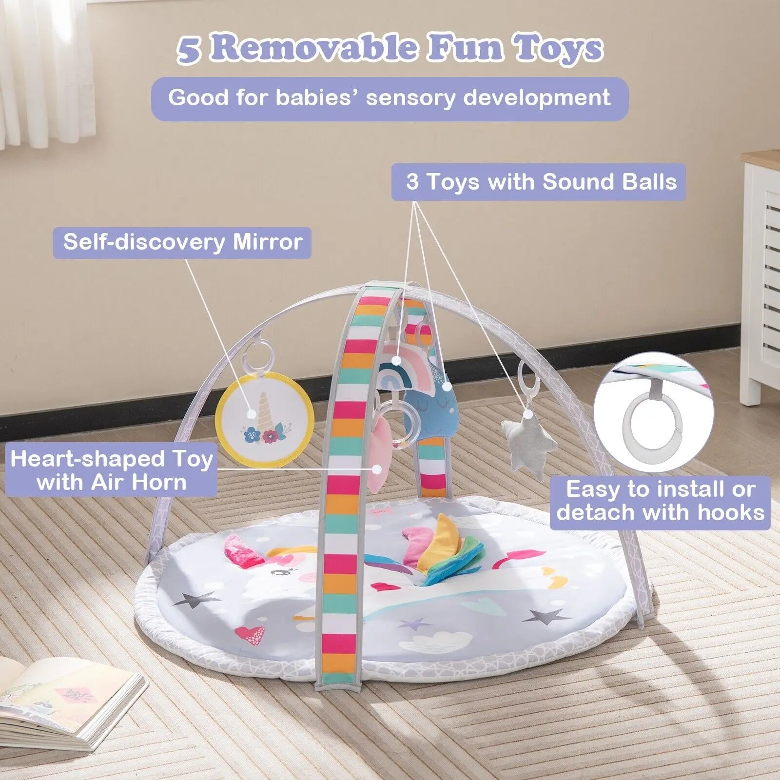 DORTALA Baby Play Mat 7-in-1 Tummy Time Infant Toddler Activit Mat w/ 5 Detachable Toys