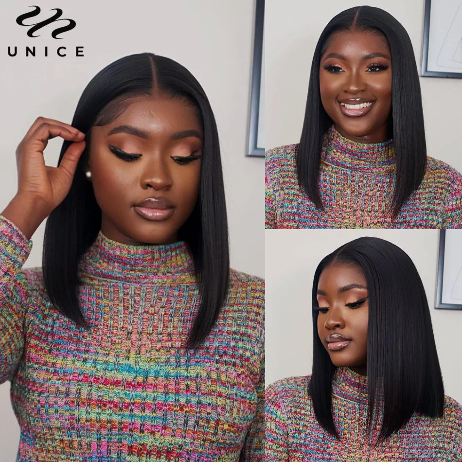 UNice 7x5 Pre Cut Pre Bleached Glueless Wig Silky Straight Bob Wig Short Human Hair Bob Lace Front Wig Human Hair Ready To Wear