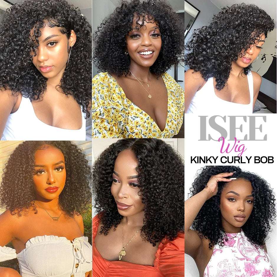 Wear Go Glueless Wig ISEE Indian Kinky Curly Short Bob 7x5 Glueless Wig Human Hair Ready To Wear 13x4 Wig Pre Bleached Knots