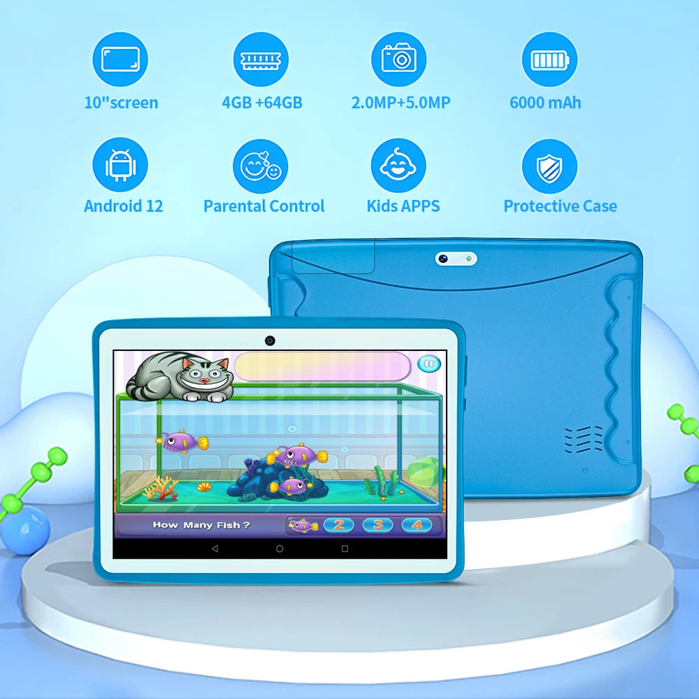 2024 New BDF Tablet Android12 Kids Tablets 10.1 Inch 4GB+64GB Wifi+Sim Card 3G Internet Children Students Educational Gift Table