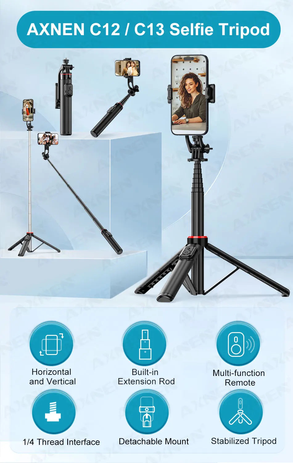 AXNEN Mobile Phone Tripod C12/C13 Tipods for Cellphone Gopro Action Camera, 1325mm Stand with Wireless Bluetooth Remote for Live