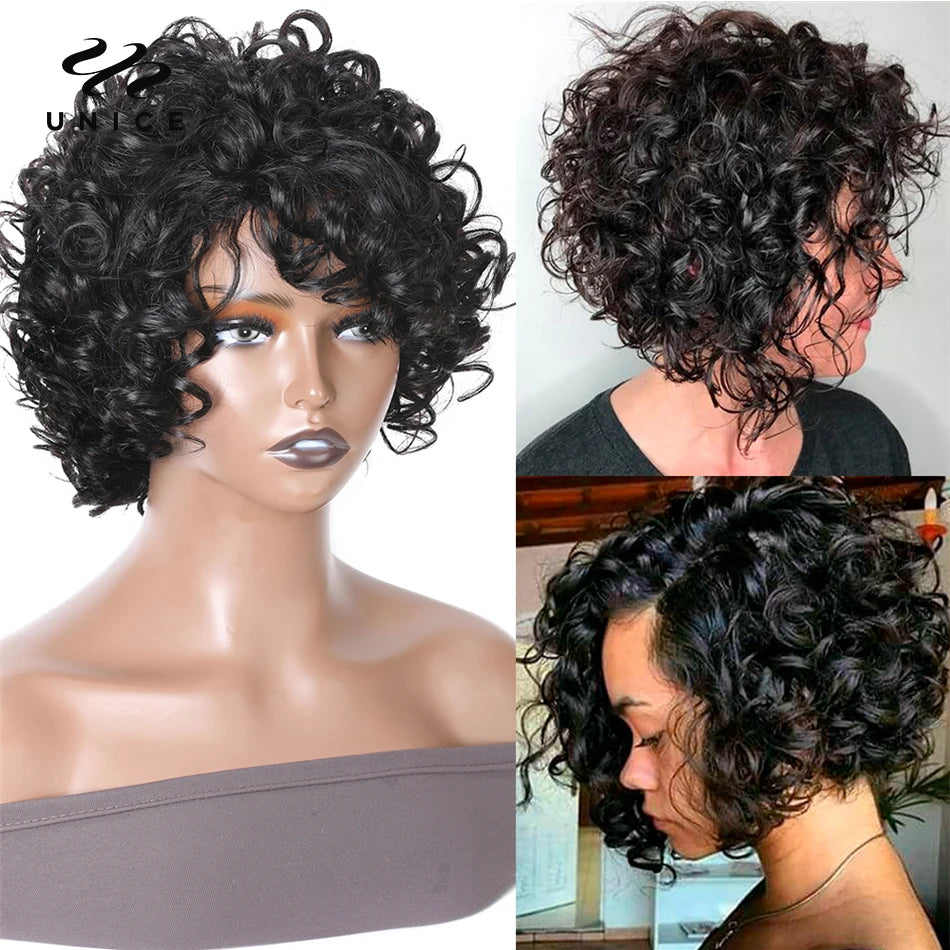 Unice Hair Curly Human Hair Wigs Pixie Cut Bob Wig 10 Inch Full Machine Made Short Human Hair Wigs