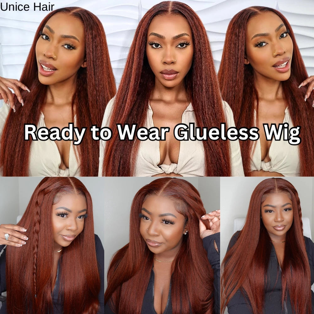 UNice Hair Reddish Brown Yaki Straight Wig 7x5 Lace Pre Cut Pre Bleached Glueless Wig Human Hair Ready To Wear 150% Density