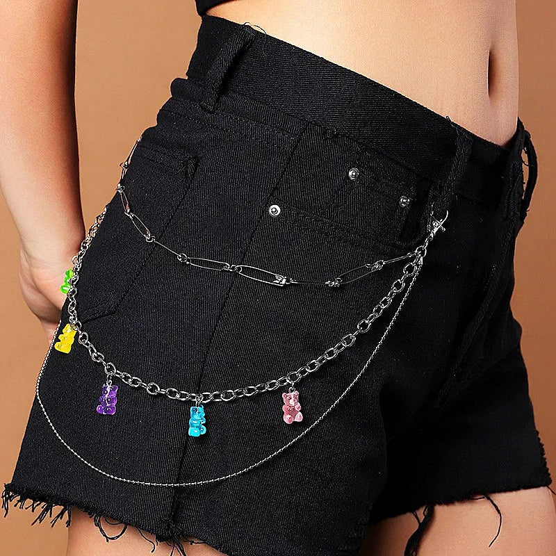 Doulbe Layered Pink Color Strawberry Resin Chain Keychains Women Girls Hip Hop Waist Chain Pants Trousers Chain Bohemian Jewelry