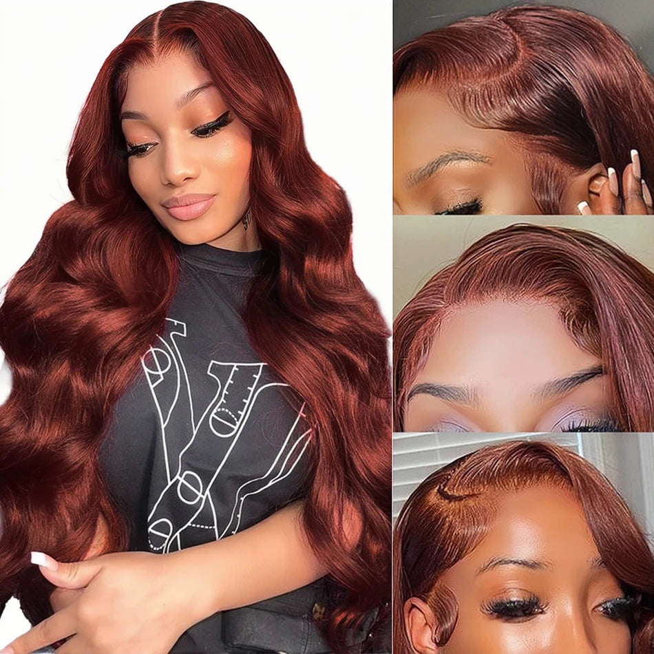 13x4 Auburn Brown Colored Human Hair Lace Front Wigs Wavy HD Lace Frontal Wigs Body Wave Reddish Brown Fall Color Human Hair Wig