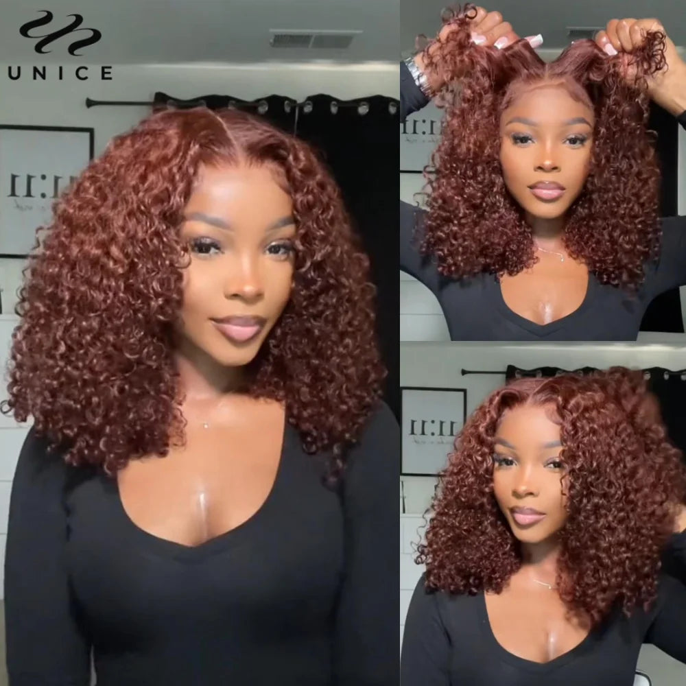 UNice Hair Bye-Bye Knots Wig Reddish Brown Curly 7x5 Glueless Wig Human Hair Pre Cut Pre Bleached Lace Front Human Hair Wigs