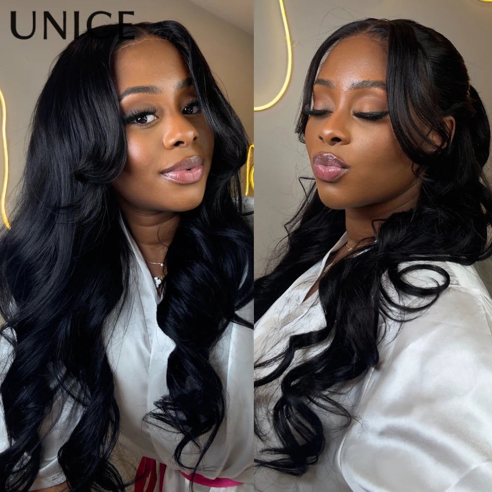 UNICE Hair 13x4 HD Real Scalp Wig Drawstring Cap Loose Wave with Face Framing Curtain Bangs Pre Cut Pre Bleached Glueless Wig