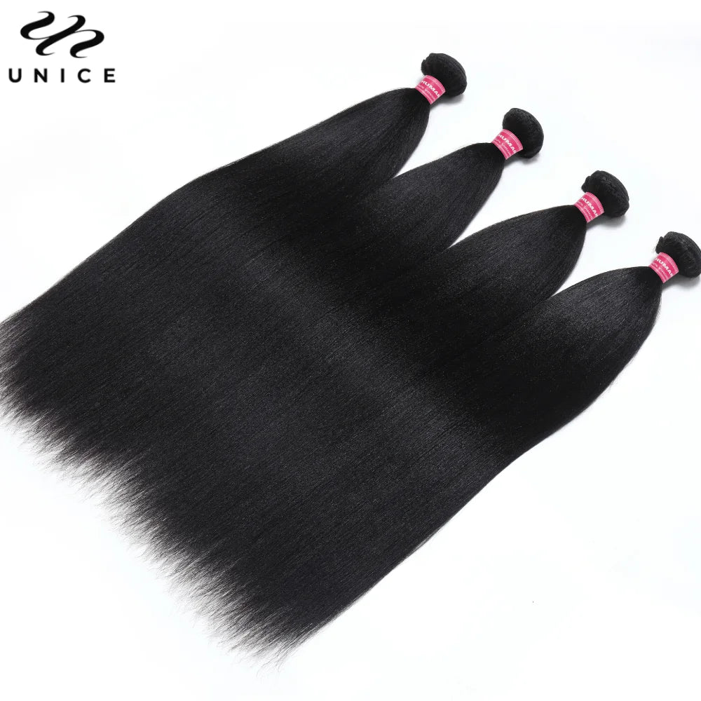 UNice Hair Yaki Straight Hair Bundles 4PCS Deal Natural Color 100% Human Hair Bundles Quick Weaves Sew In Human Hair Extensions