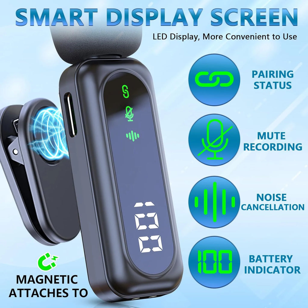 Professional Wireless Lavalier Microphone Plug and Play, with LED Power Display for Content Creators Recording, Live Streaming