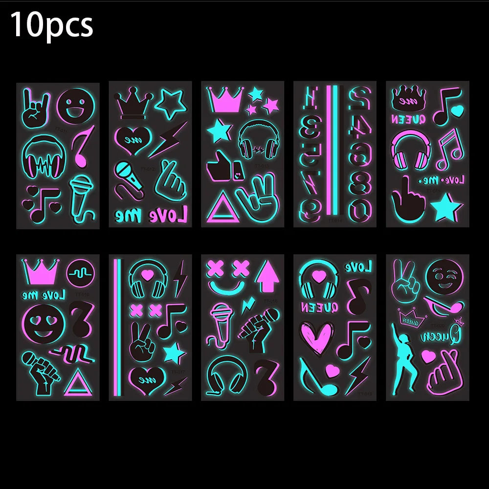 10 Sheet Glow in the Dark Music Temporary Tattoos Stickers with Luminous Neon Pink Blue Music Crown Note Disco party Accessory