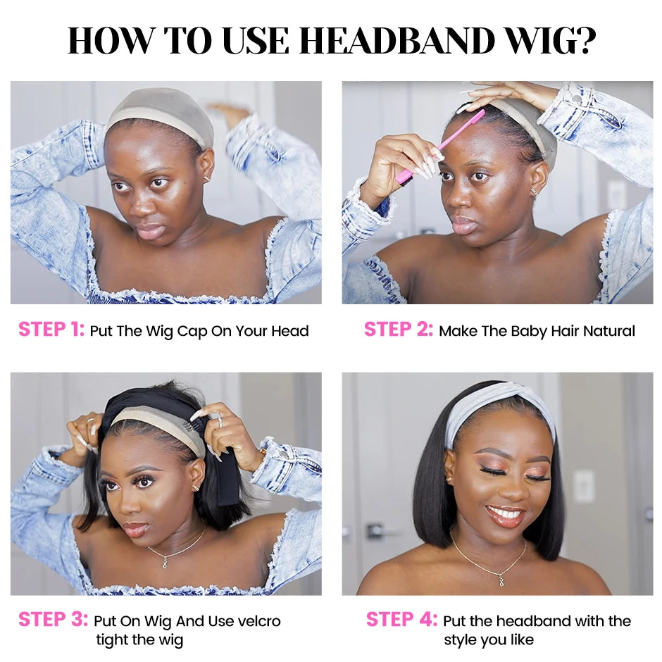 ISEE HAIR Wig Straight Women's Headband Wig Human Hair Brazilian Bob Wig Straight Non Lace Scarf Wig Glueless Natural For Female