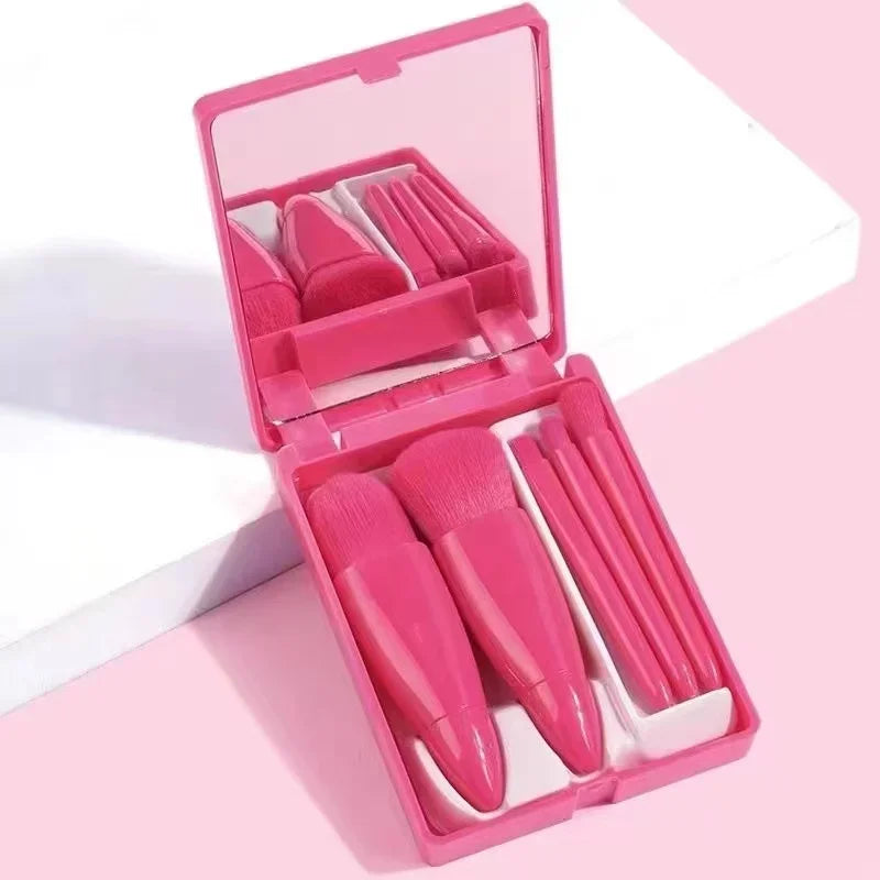 5pcs Mini Makeup Brush Set with Mirror - Multifunctional Travel Cosmetic Brushes, Unscented, Palm Brush Design Makeup Tools