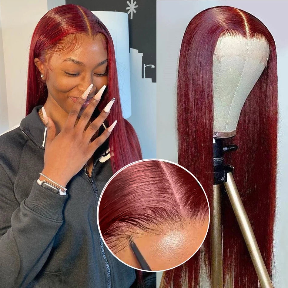 NEW 6x4 Glueless Wigs Human Hair Ready To Wear 99J Burgundy Colored Human Hair Lace Wig HD Transparent Lace Front Closure Wigs