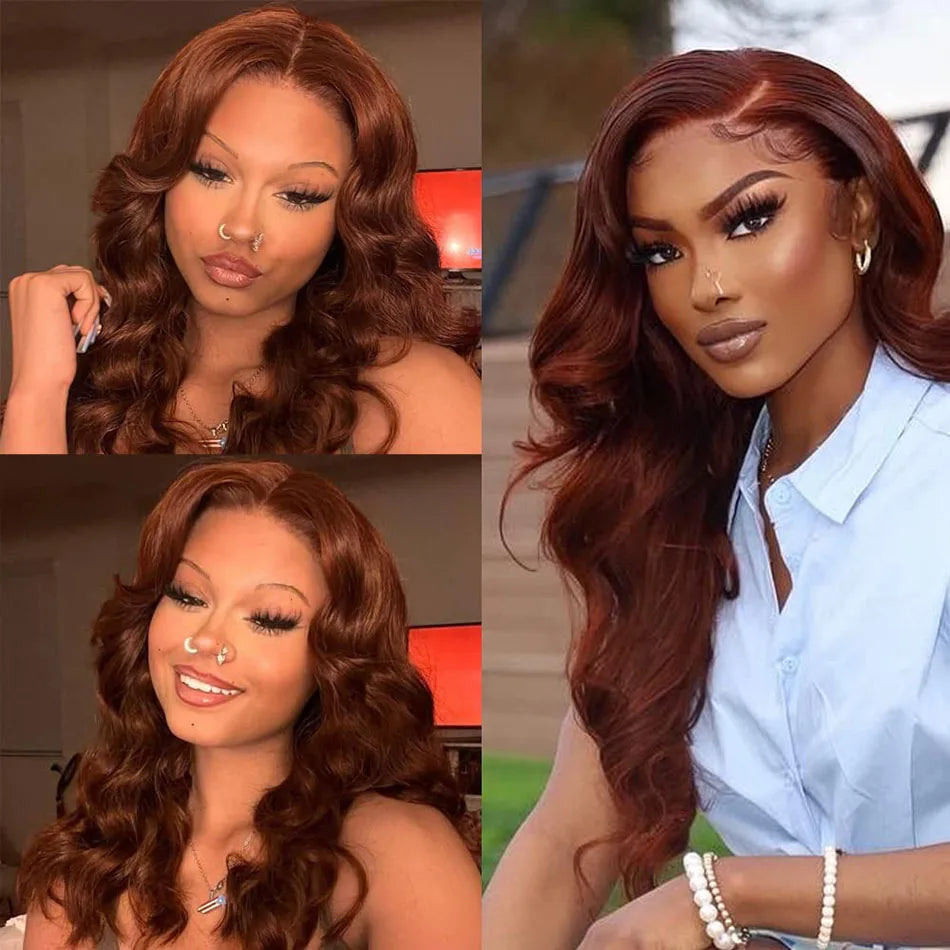 13x4 Auburn Brown Colored Human Hair Lace Front Wigs Wavy HD Lace Frontal Wigs Body Wave Reddish Brown Fall Color Human Hair Wig