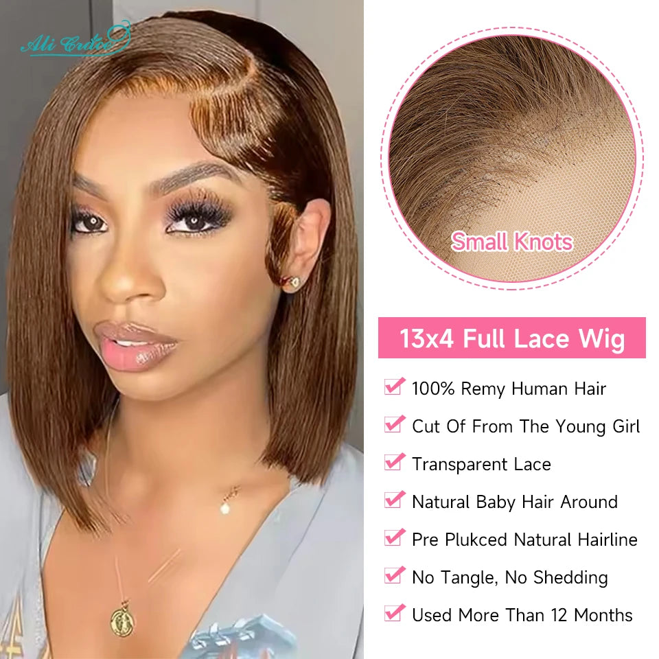 Ali Grace Hair Bone Straight Bob Wig Chocolate Brown Lace Front Human Hair Wigs PrePlucked Short Bob Wig HD Transparent Lace Wig