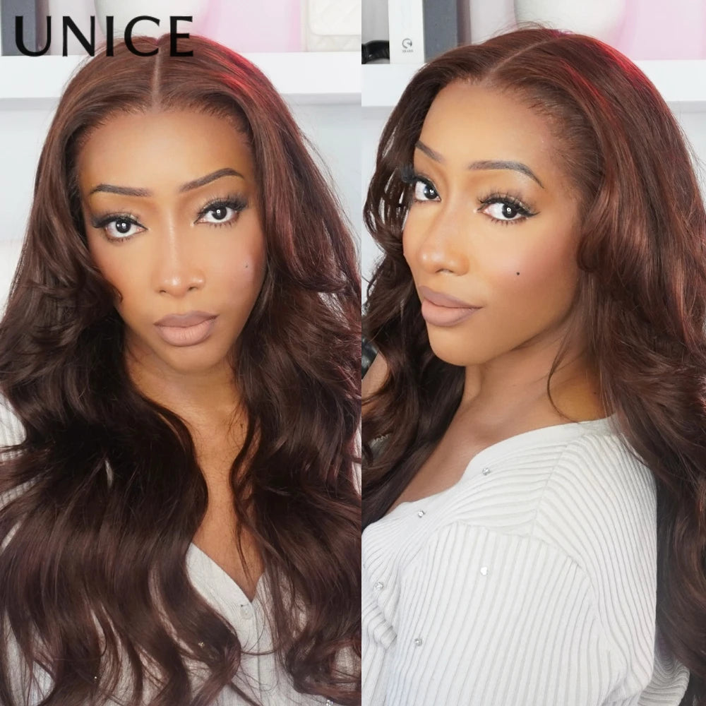 UNICE Hair Auburn Brown Loose Wave Wig With Face Framing Layer & Drawstring Pre Everything 13x4 Human Hair Lace Frontal Wig