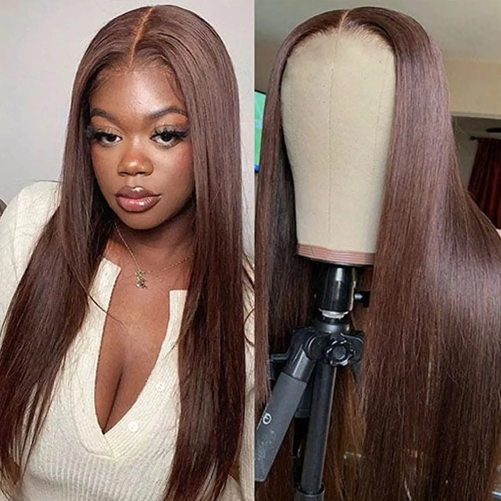 ISEE Hair #4 Wear And Go Chocolate Brown Straight Wig 4X4 Transparent Lace Front Glueless Human Hair Wigs Pre Cut PrePlucked