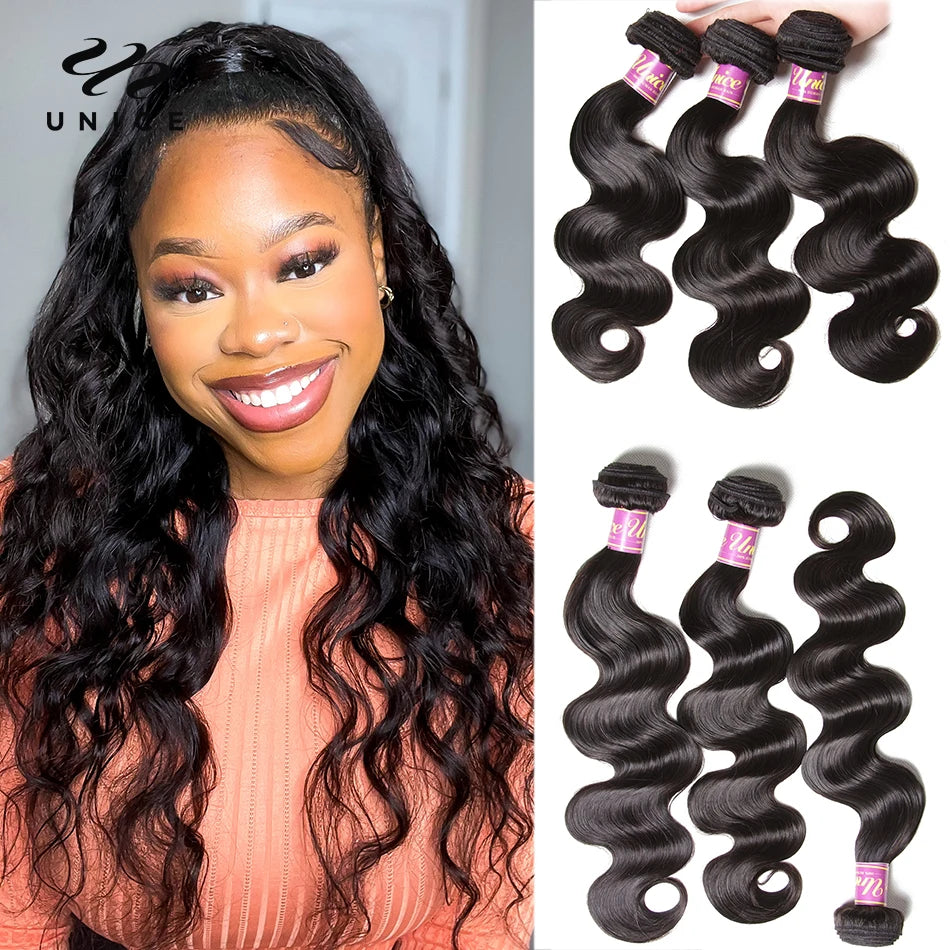 Unice Hair Malaysian Body Wave Hair Bundles 3PCS Natural Color 100% Human Hair Weave Extension Remy Hair 8-30 Inch