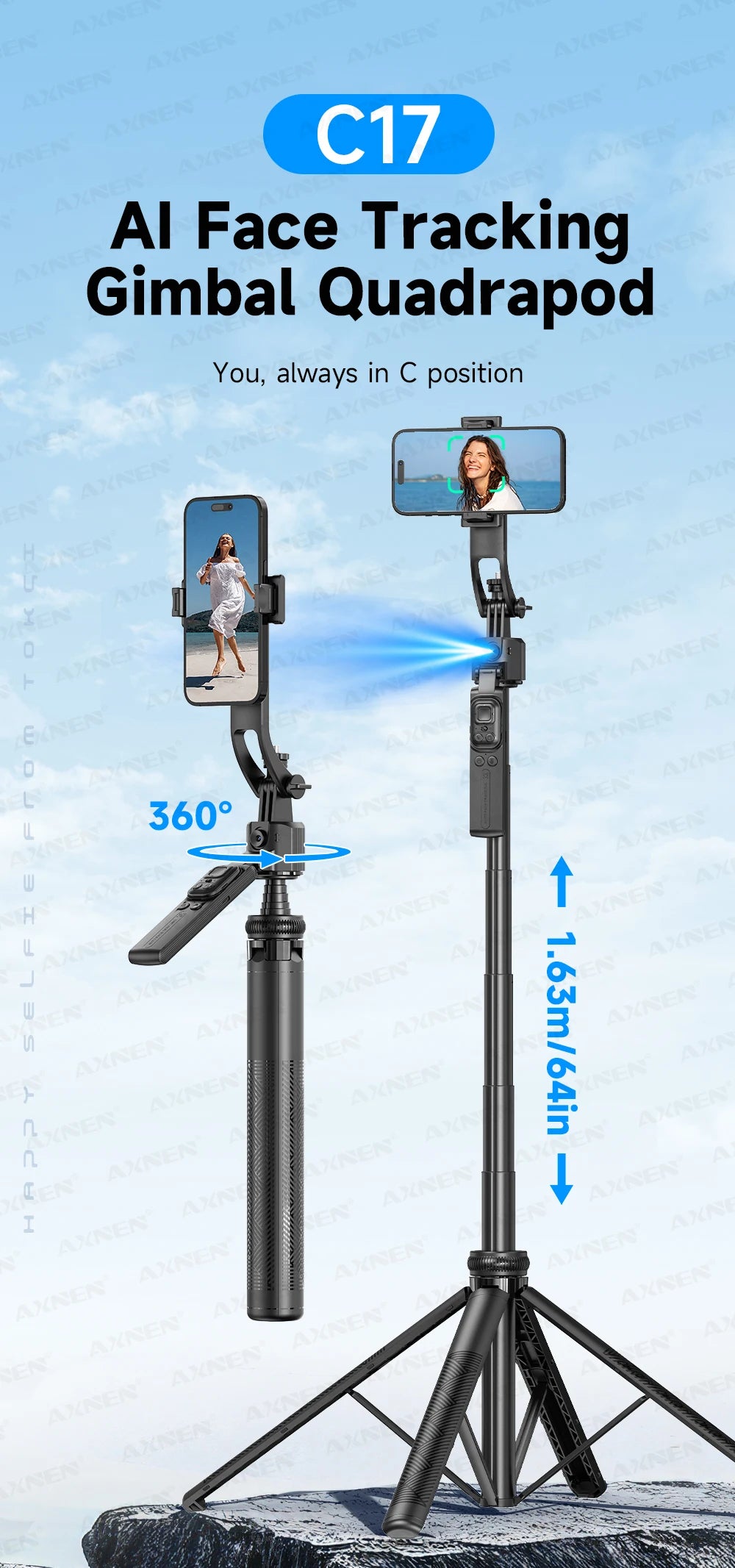1630mm/64in C17 Tripod Selfie Stick 360° Auto Rotation Shooting Quadruped Phone Stand Face Track Bluetooth Remote Control Tripie