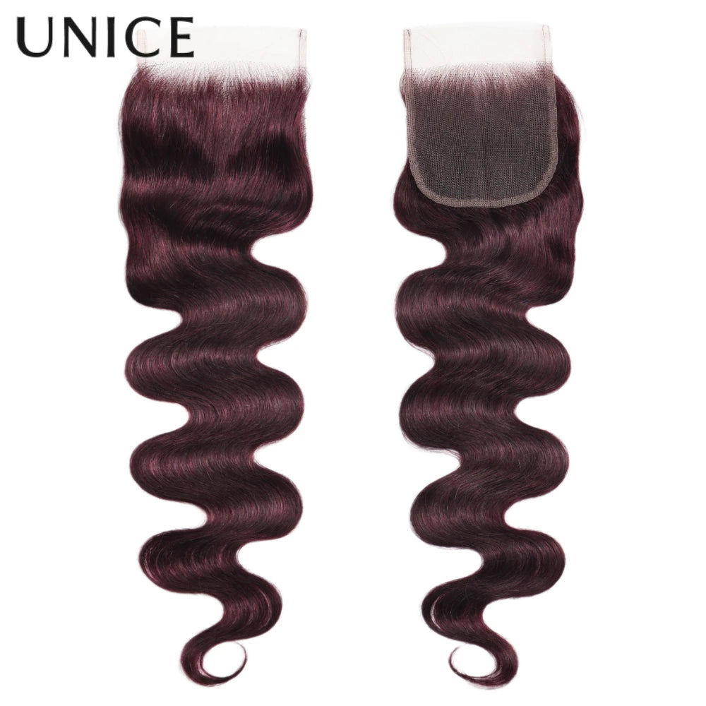 UNICE Hair Black Cherry Body Wave Human Hair 2/3/4 Bundles With 4x4 Lace Closure