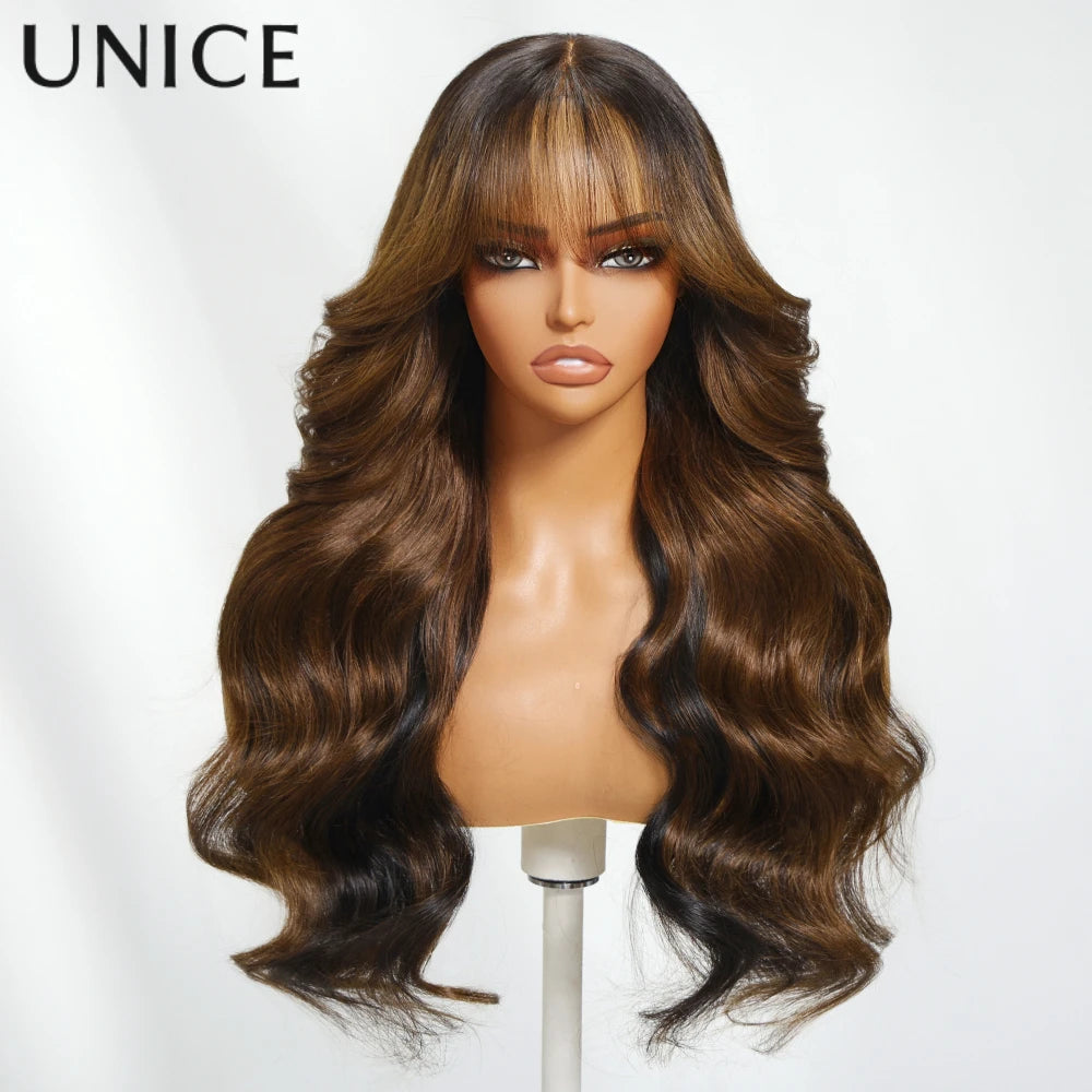UNICE Hair Brown Money Piece Fluffy Loose Wave Curtain Bangs Wig 13x4 Pre Cut Pre Bleached Glueless Wig Human Hair 150% Density