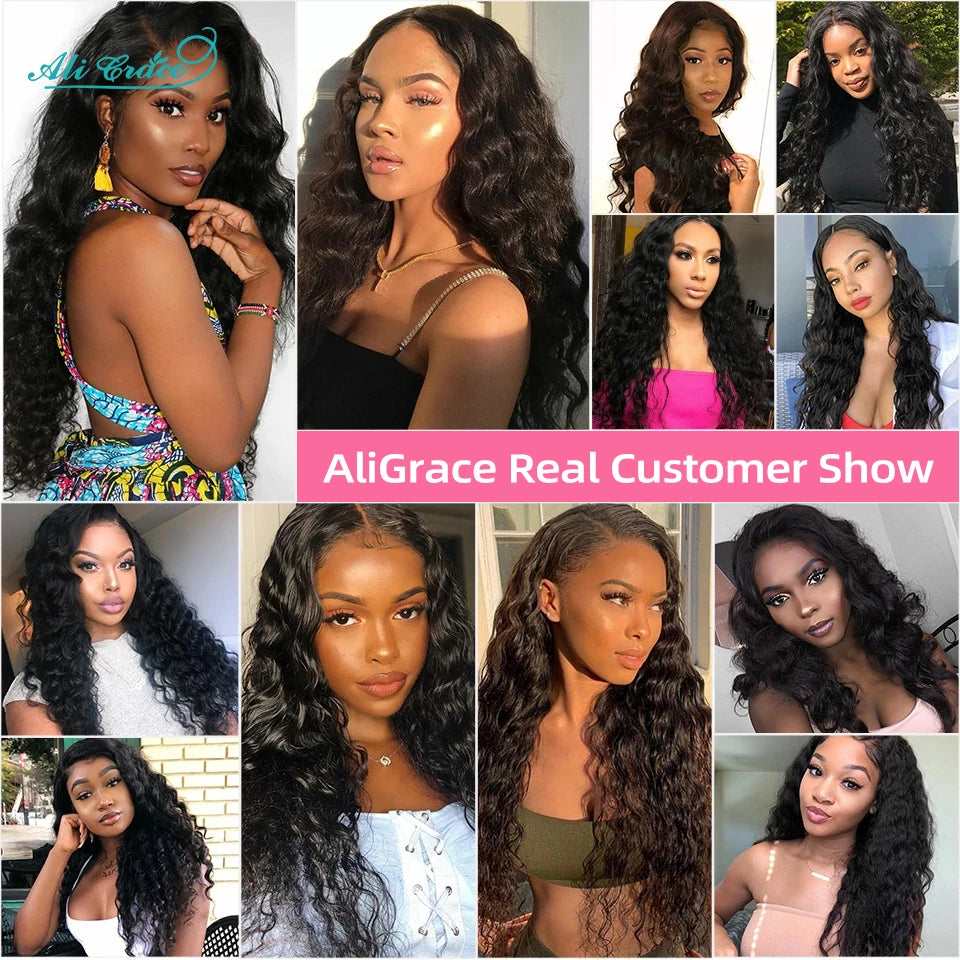 Ali Grace Hair Brazilian Loose Wave Bundles With Closure Transparent 100% Remy Hair 3 Bundles With 4x4 Lace Closure Middle/Free