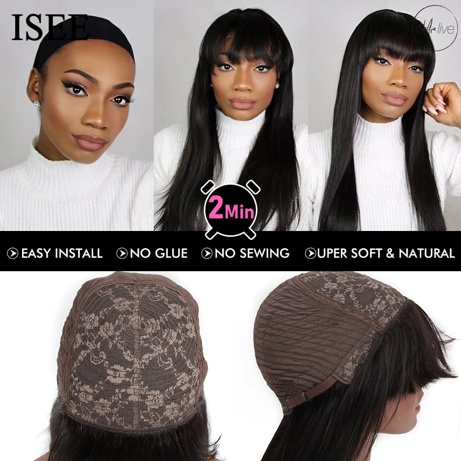 ISEEHAIR Machine Made Sew In Wig Human Hair Straight Wig  Malaysian Straight Wig with Bang Natural Color For Women Wigs No Glue